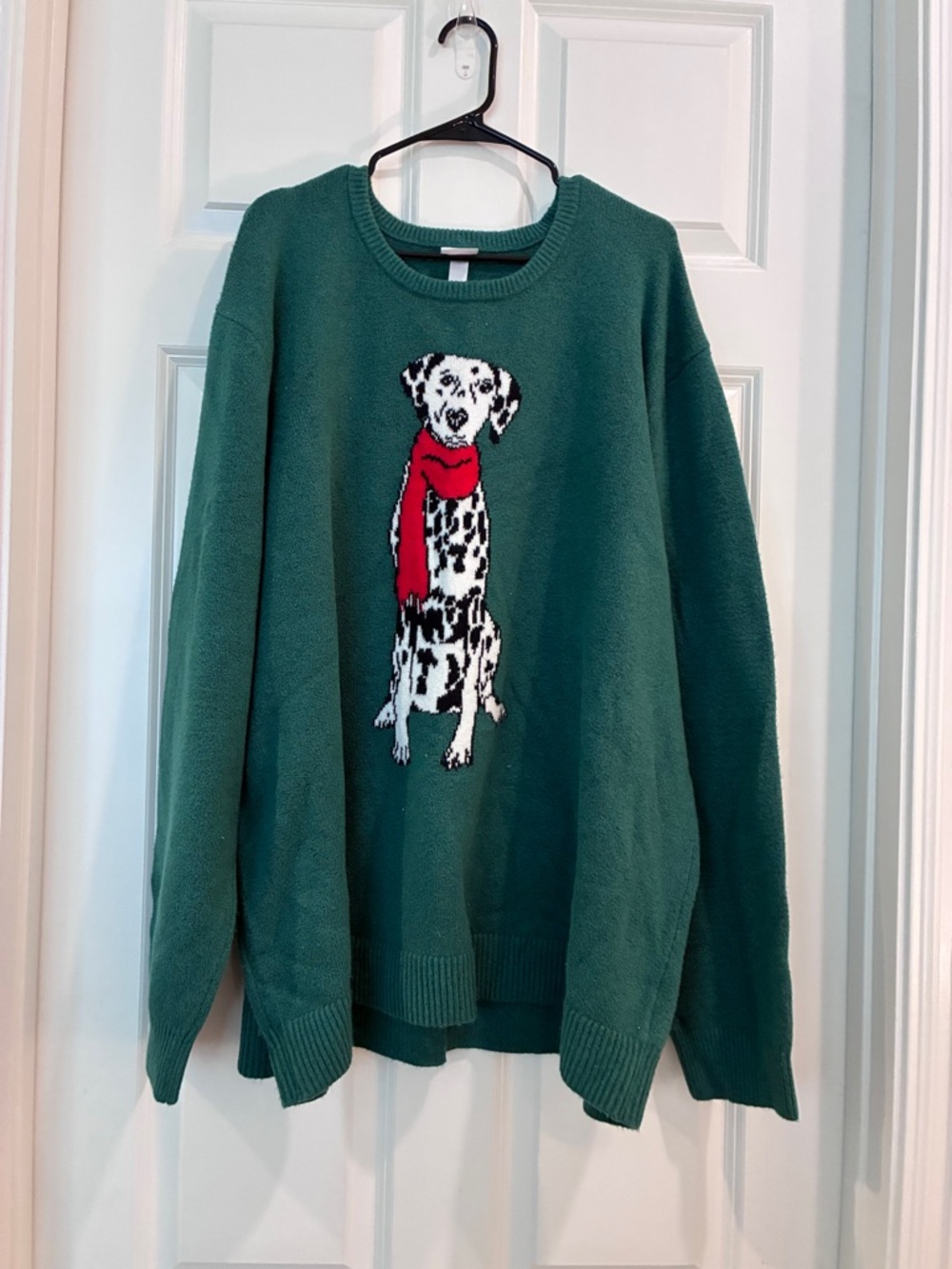 Wondershop Green Sweater with Dalmatian Graphic and Red Scarf